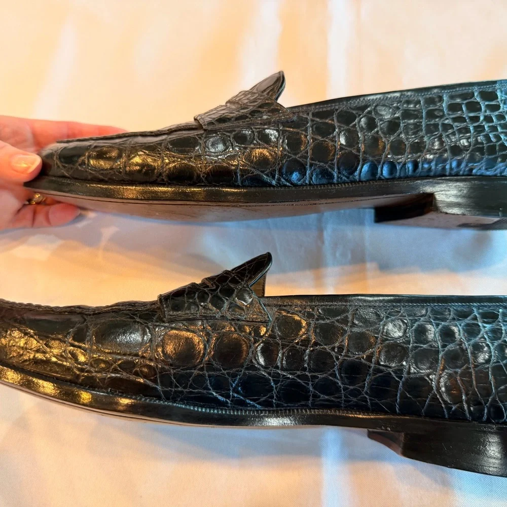 Salvatore Ferragamo Exotic Black Crocodile Leather Mens Penny Loafers Sz 10D